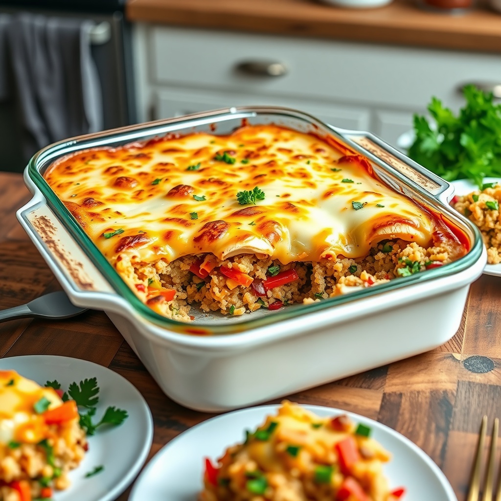 A baked chicken quinoa casserole with colorful vegetables and melted cheese, garnished with parsley.